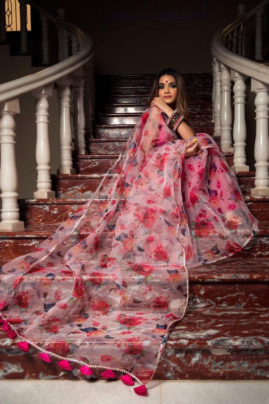 pink-lotus-organza-saree-11422098PK, Women Indian Ethnic Clothing, Organza Saree