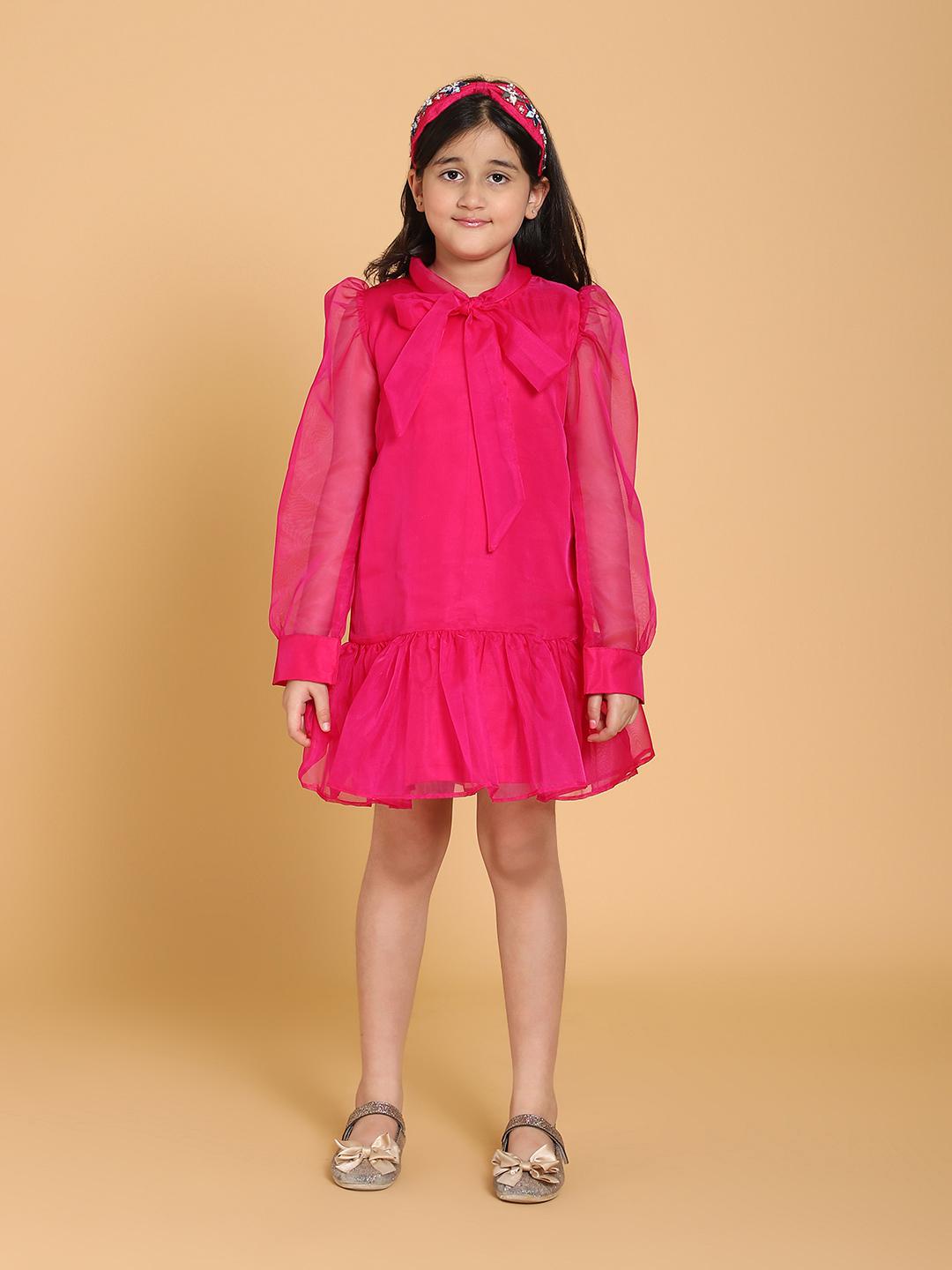 pink-organza-dress-with-bow-tie-10510097PK, Kids Clothing, Organza Girl Dress