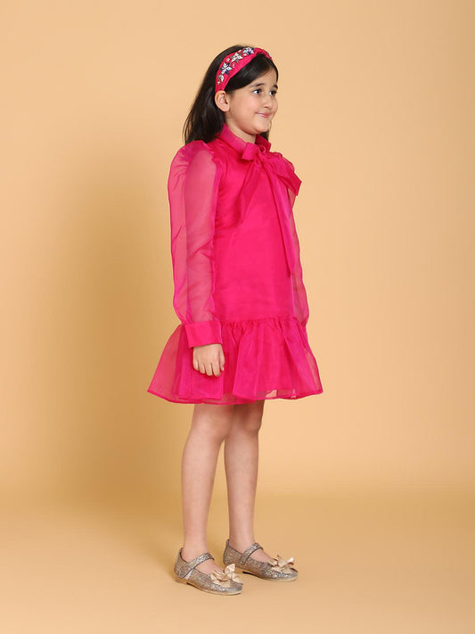 pink-organza-dress-with-bow-tie-10510097PK, Kids Clothing, Organza Girl Dress