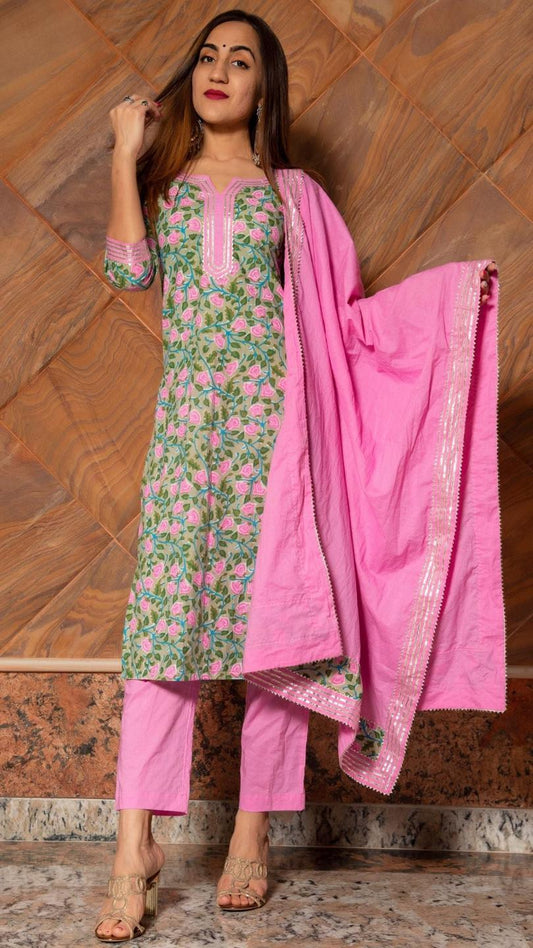 pink-phool-hand-block-cotton-kurta-set-11403125PK, Women Indian Ethnic Clothing, Cotton Kurta Set Dupatta