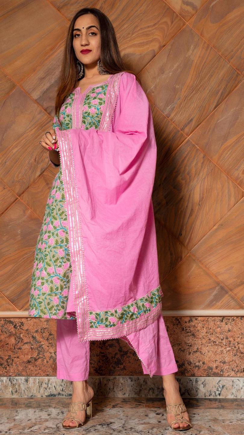 pink-phool-hand-block-cotton-kurta-set-11403125PK, Women Indian Ethnic Clothing, Cotton Kurta Set Dupatta