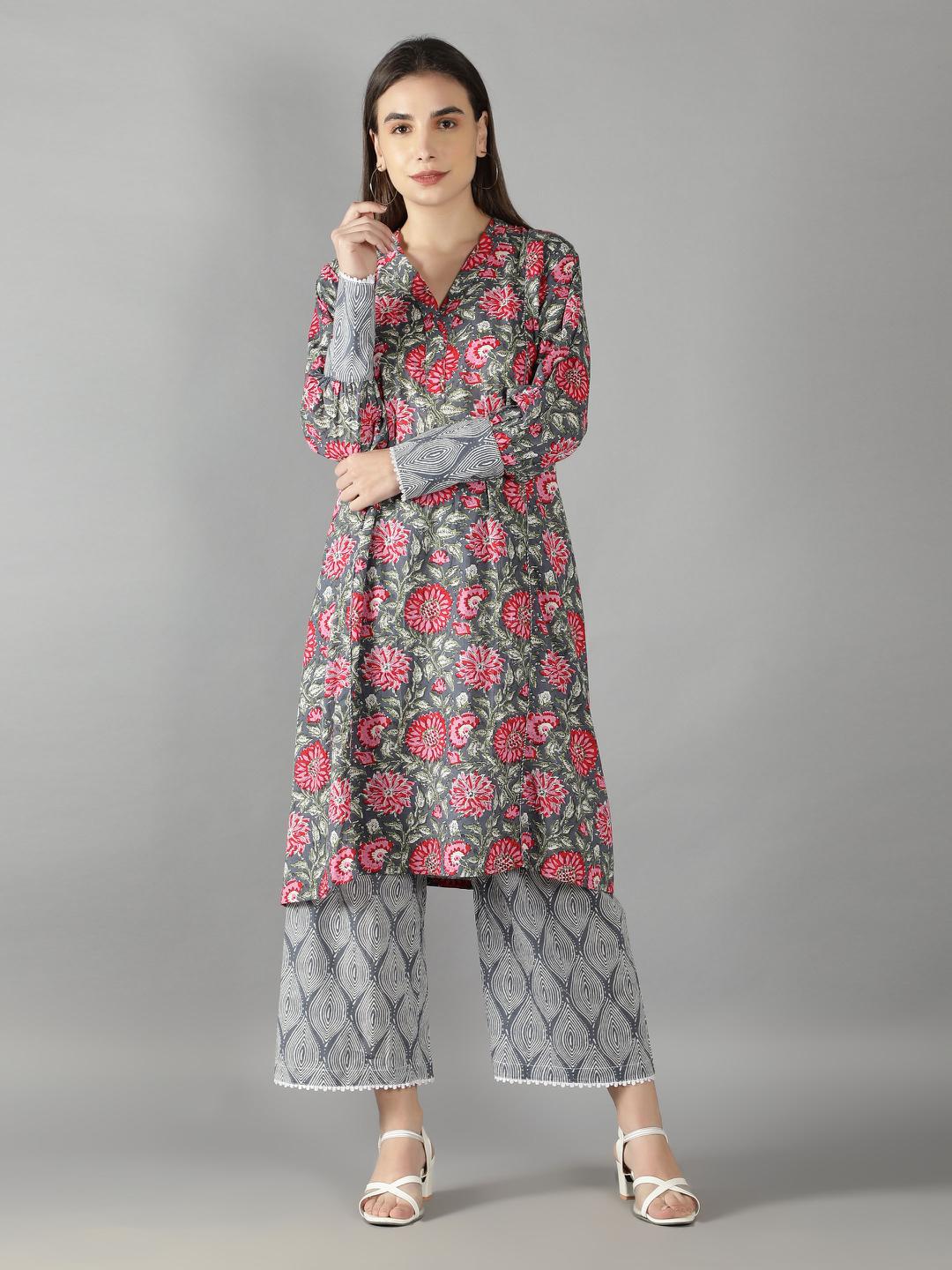 pink-purple-floral-kurta-with-geometry-print-short-pant-set-11702118PK, Women Indian Ethnic Clothing, Cotton Kurta Set