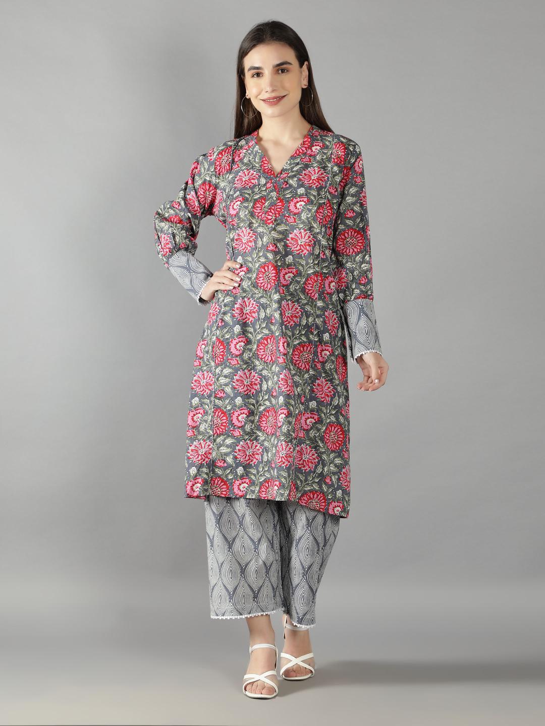 pink-purple-floral-kurta-with-geometry-print-short-pant-set-11702118PK, Women Indian Ethnic Clothing, Cotton Kurta Set
