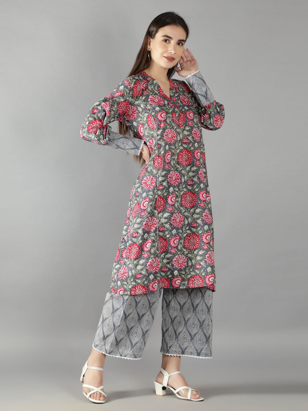 pink-purple-floral-kurta-with-geometry-print-short-pant-set-11702118PK, Women Indian Ethnic Clothing, Cotton Kurta Set