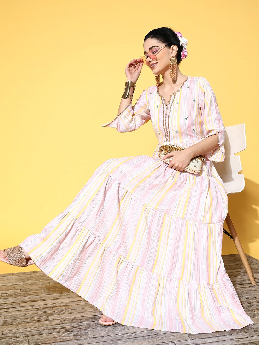 pink-striped-maxi-dress-10104157PK, Women Clothing, Cotton Dresses