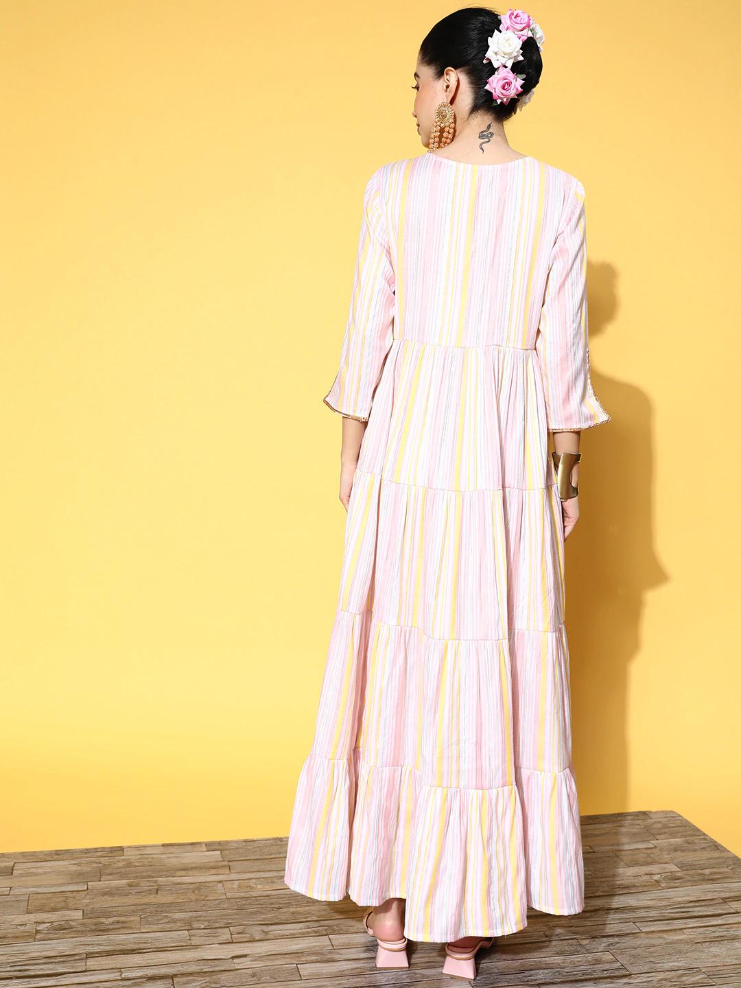 pink-striped-maxi-dress-10104157PK, Women Clothing, Cotton Dresses