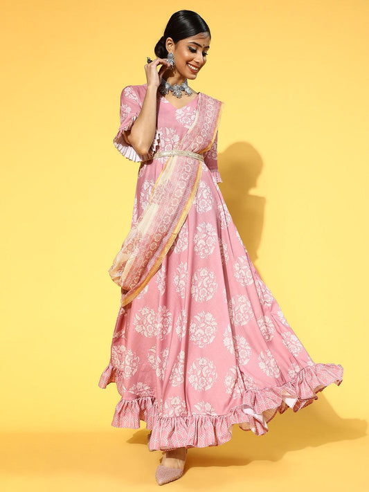 pink-white-ethnic-ruffles-dupatta-dress-10104192PK, Women Clothing, Rayon Dresses