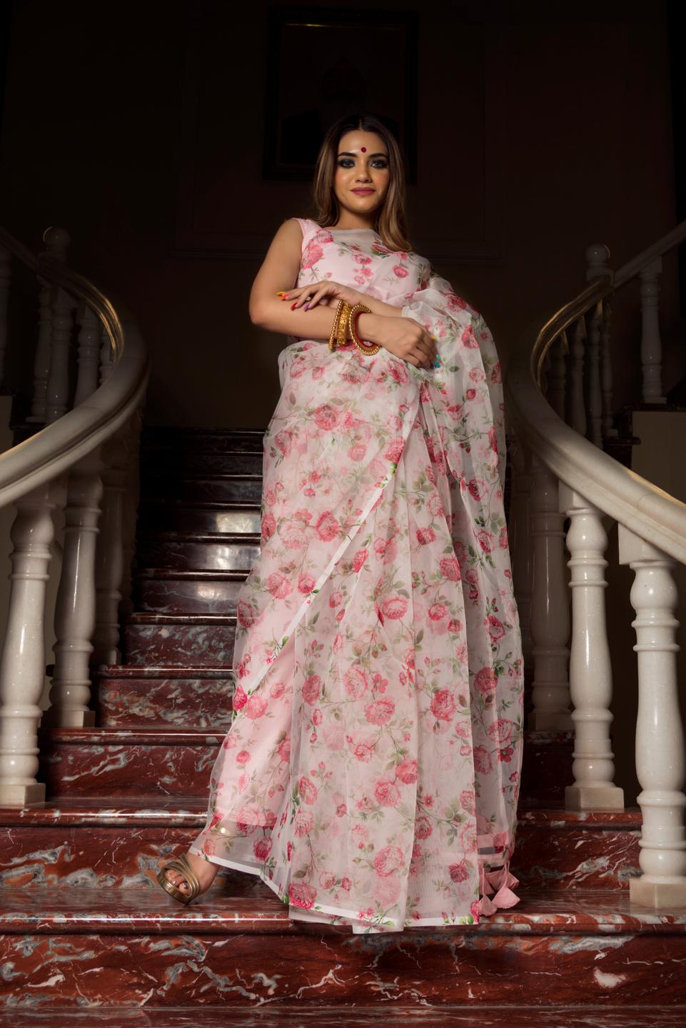 pink-white-organza-saree-11422097WH, Women Indian Ethnic Clothing, Organza Saree