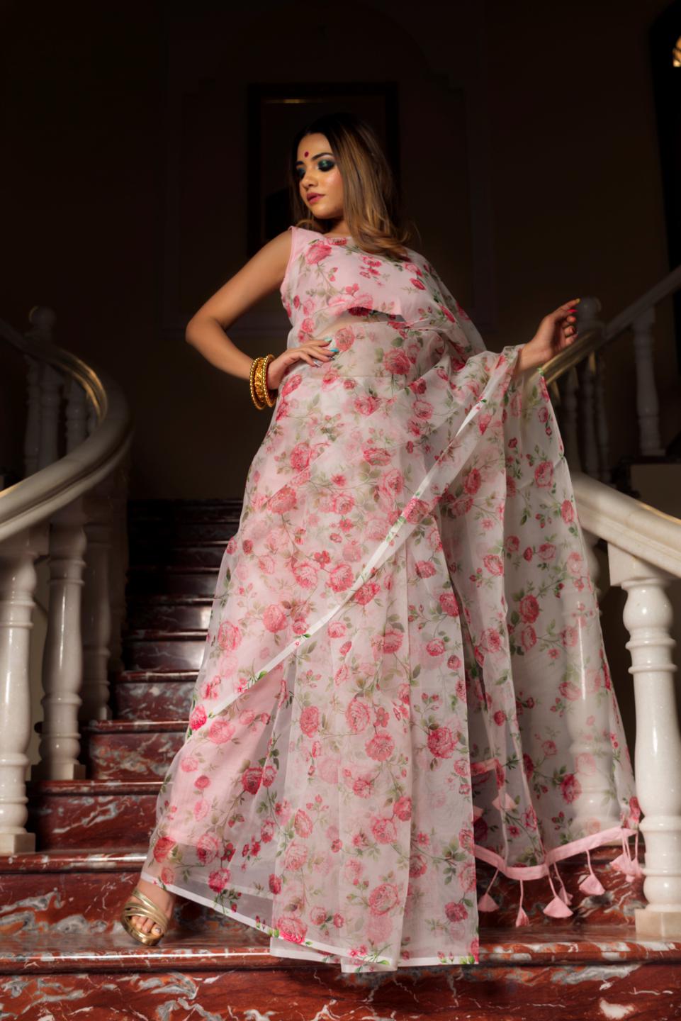 pink-white-organza-saree-11422097WH, Women Indian Ethnic Clothing, Organza Saree