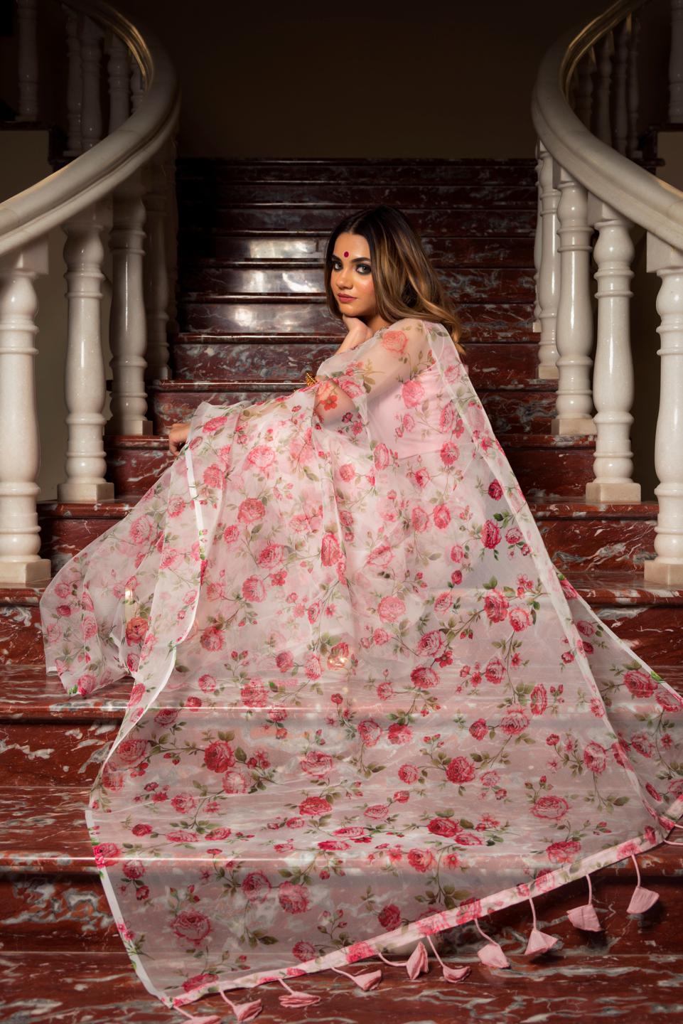 pink-white-organza-saree-11422097WH, Women Indian Ethnic Clothing, Organza Saree