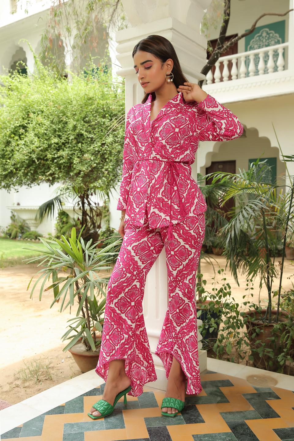 pink-yarrow-printed-coord-set-highlighted-with-a-belt-11740016PK, Women Clothing, Cotton Matching Set