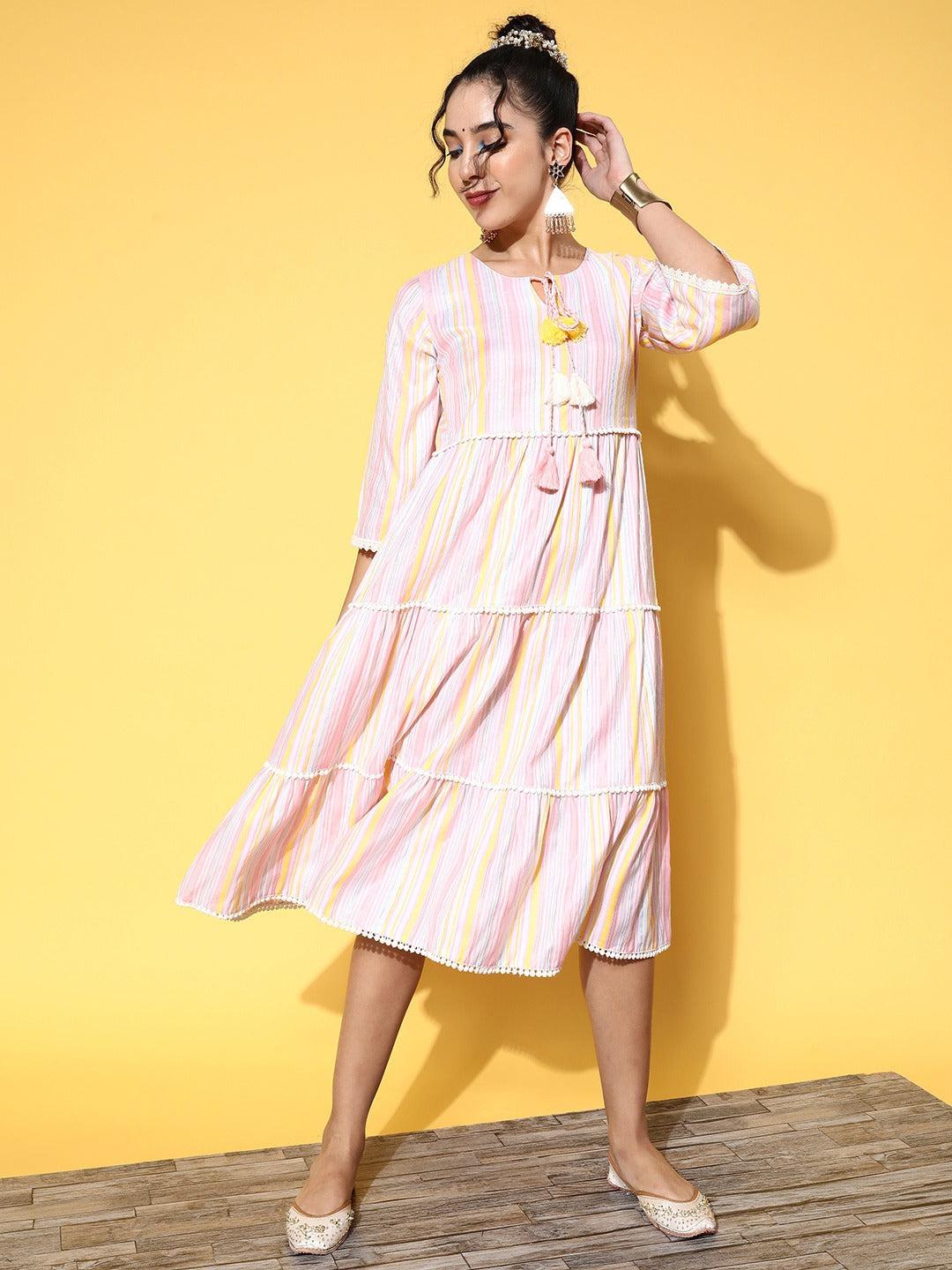 pink-yellow-midi-dress-10104158PK, Women Clothing, Cotton Dresses