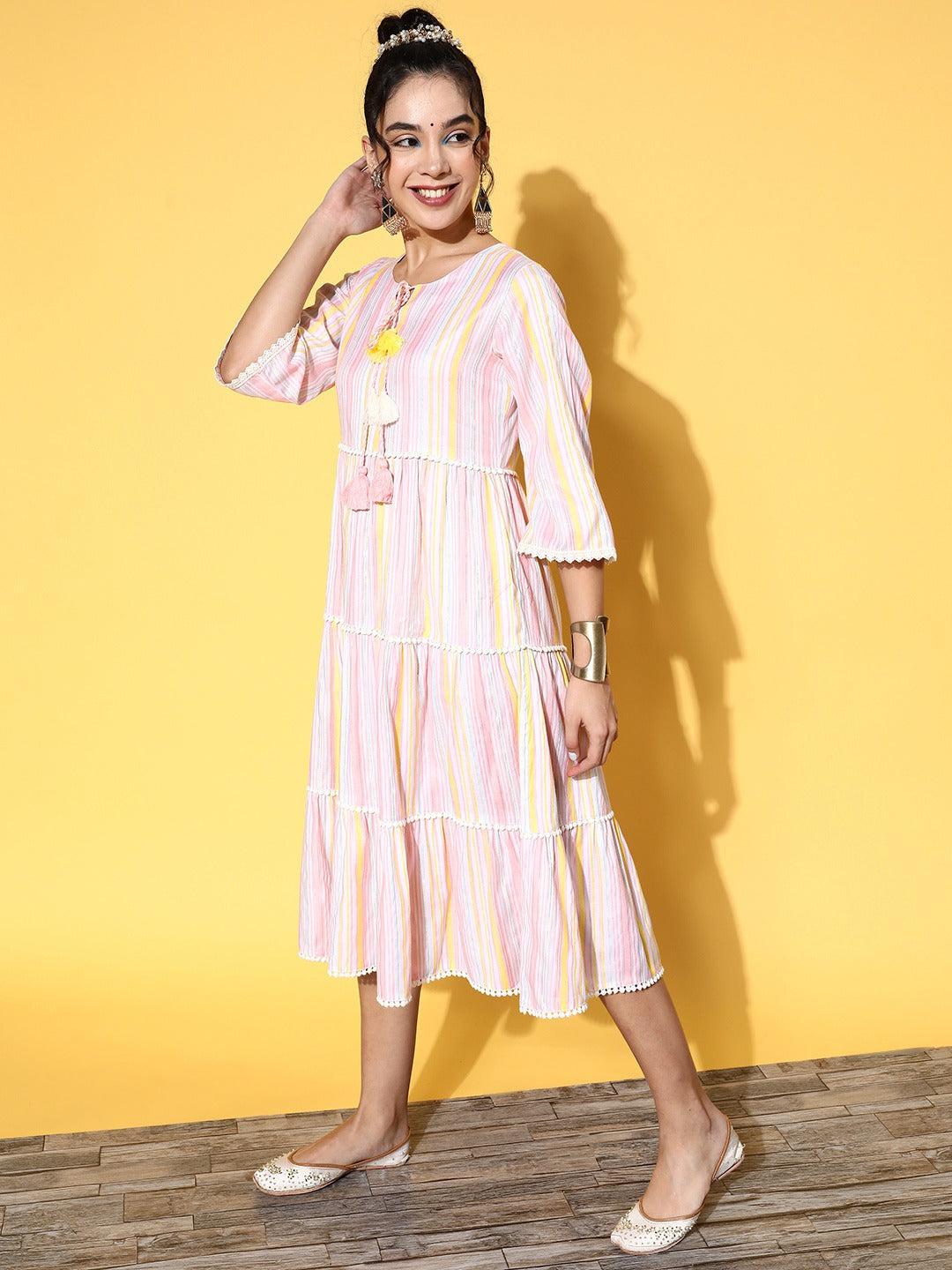 pink-yellow-midi-dress-10104158PK, Women Clothing, Cotton Dresses