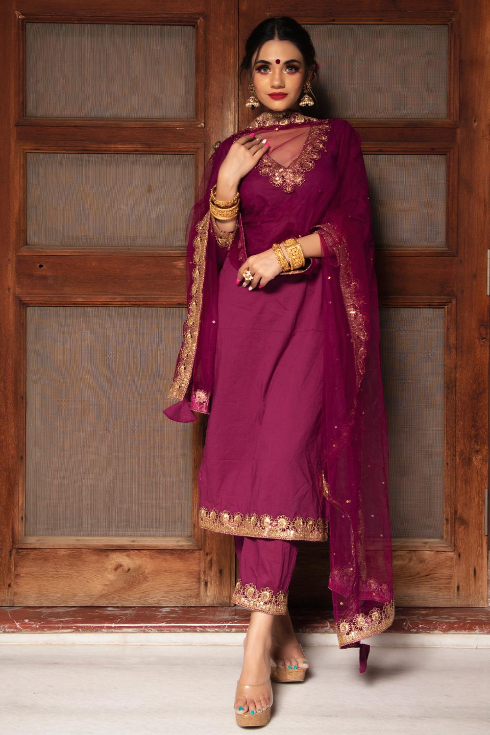 plum-cotton-straight-kurta-set.-11403101MR, Women Indian Ethnic Clothing, Cotton Kurta Set Dupatta