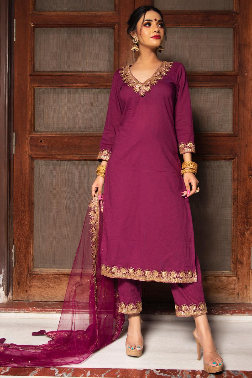 plum-cotton-straight-kurta-set.-11403101MR, Women Indian Ethnic Clothing, Cotton Kurta Set Dupatta