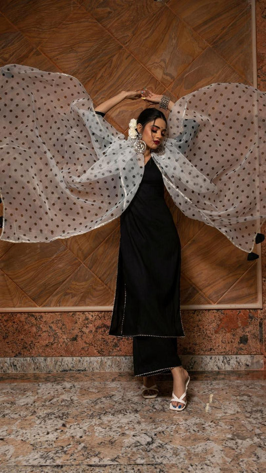 polka-dot-black-suit-set-11403109BK, Women Indian Ethnic Clothing, Rayon Kurta Set Dupatta