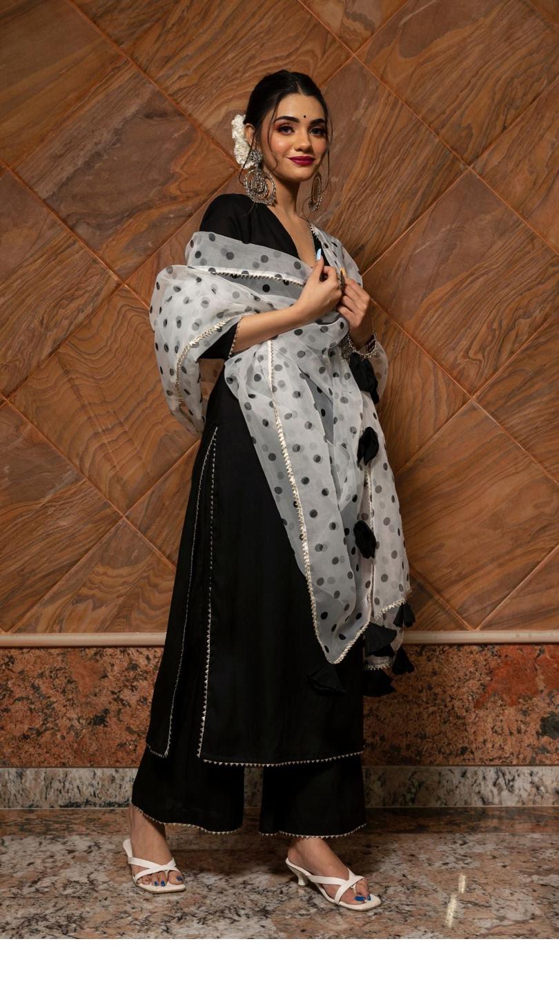 polka-dot-black-suit-set-11403109BK, Women Indian Ethnic Clothing, Rayon Kurta Set Dupatta