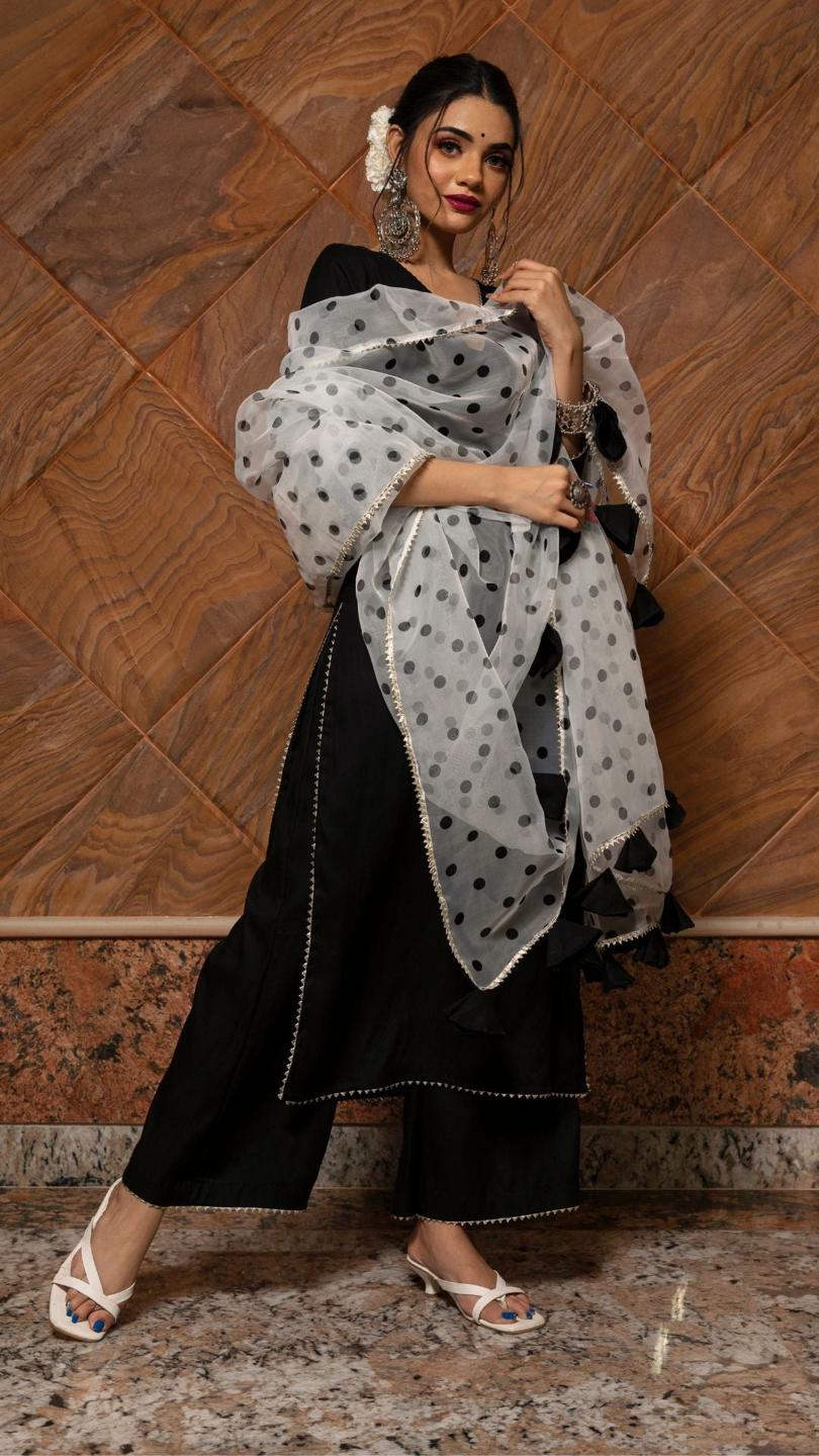 polka-dot-black-suit-set-11403109BK, Women Indian Ethnic Clothing, Rayon Kurta Set Dupatta
