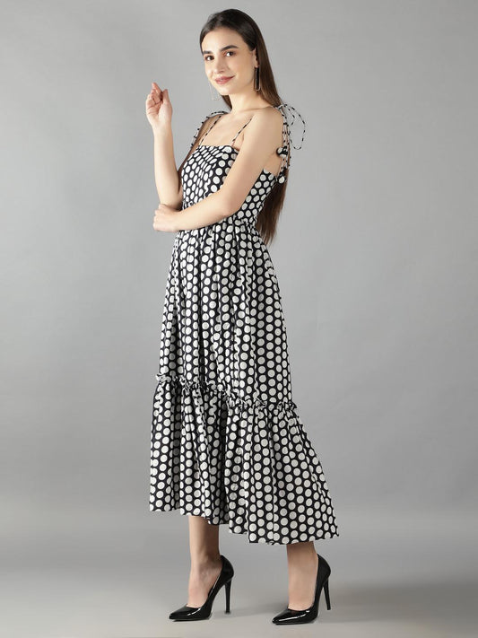 polka-dot-shoulder-tie-up-flowy-dress-11704113BK, Women Clothing, Cotton Dress