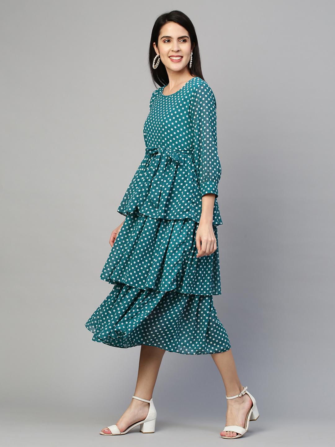 polka-dots-printed-ruffle-flare-dress-10304016BL, Women Clothing, Georgette Dress