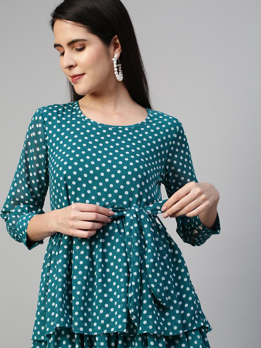 polka-dots-printed-ruffle-flare-dress-10304016BL, Women Clothing, Georgette Dress