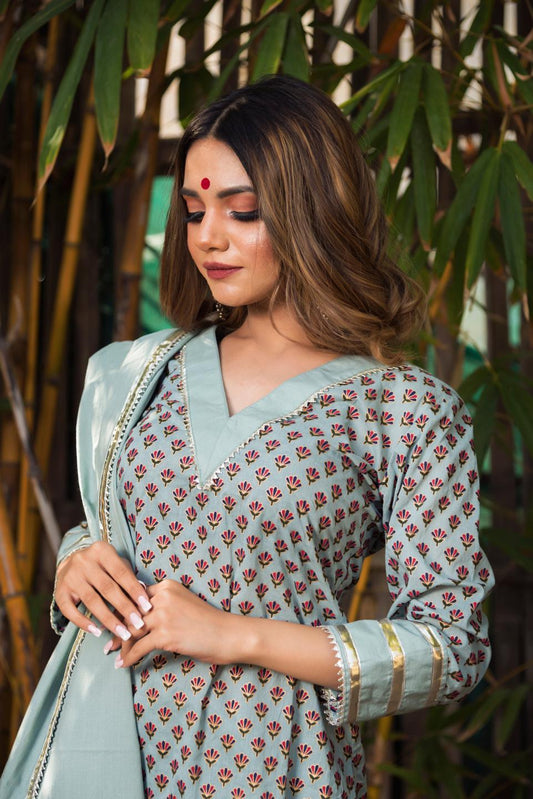 poppy-cotton-hand-block-print-kurta-11403088GY, Women Indian Ethnic Clothing, Cotton Kurta Set Dupatta