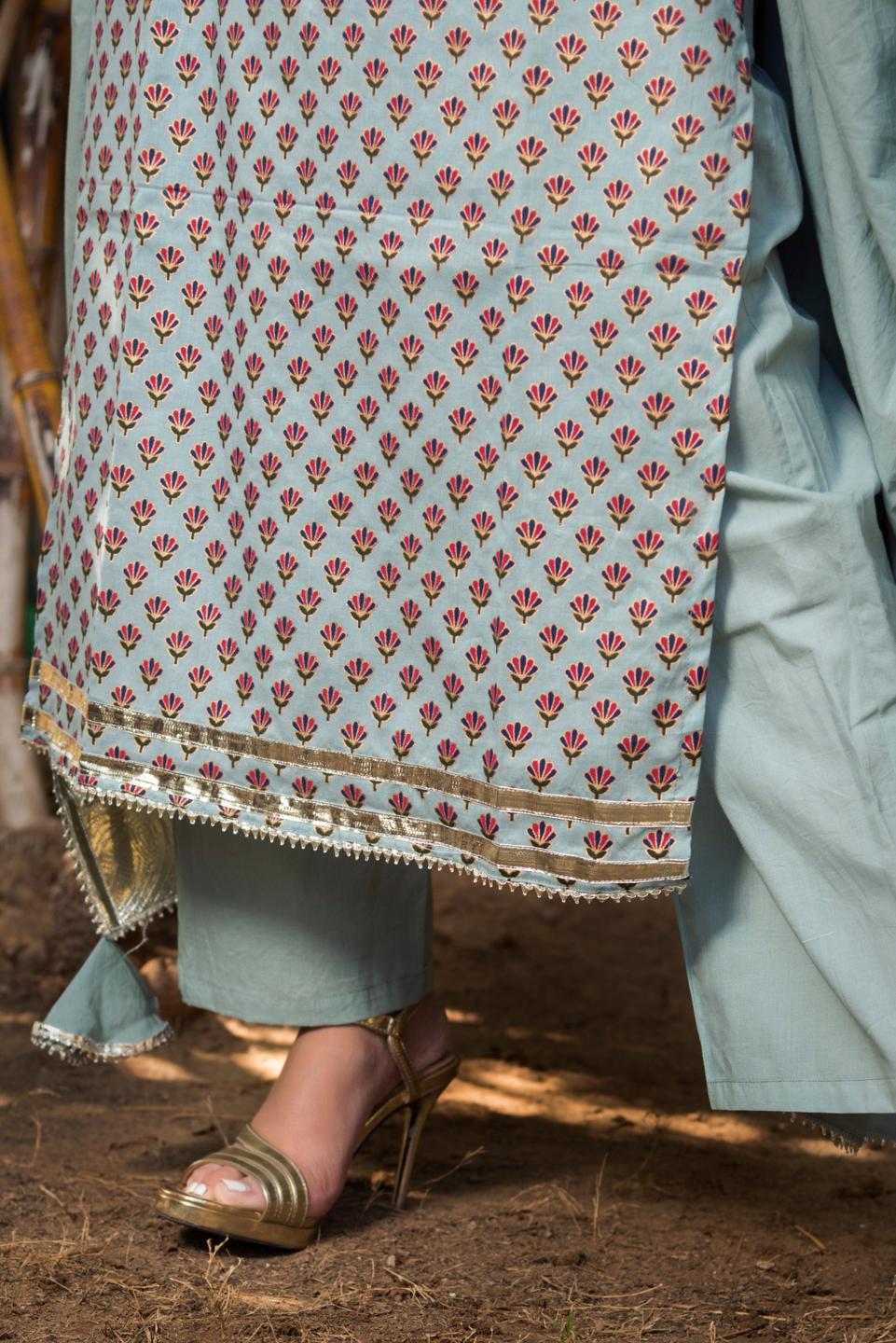 poppy-cotton-hand-block-print-kurta-11403088GY, Women Indian Ethnic Clothing, Cotton Kurta Set Dupatta