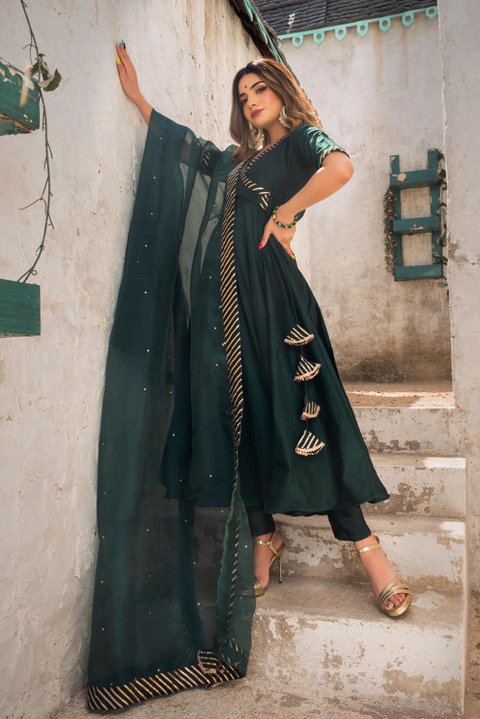 poppy-green-pure-cotton-silk-angrakha-set-11403091GR, Women Indian Ethnic Clothing, Cotton Silk Kurta Set Dupatta
