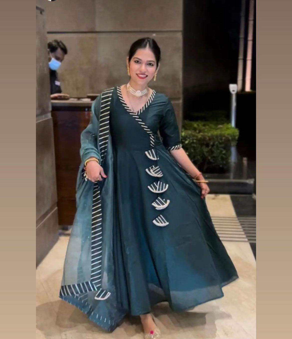 poppy-green-pure-cotton-silk-angrakha-set-11403091GR, Women Indian Ethnic Clothing, Cotton Silk Kurta Set Dupatta