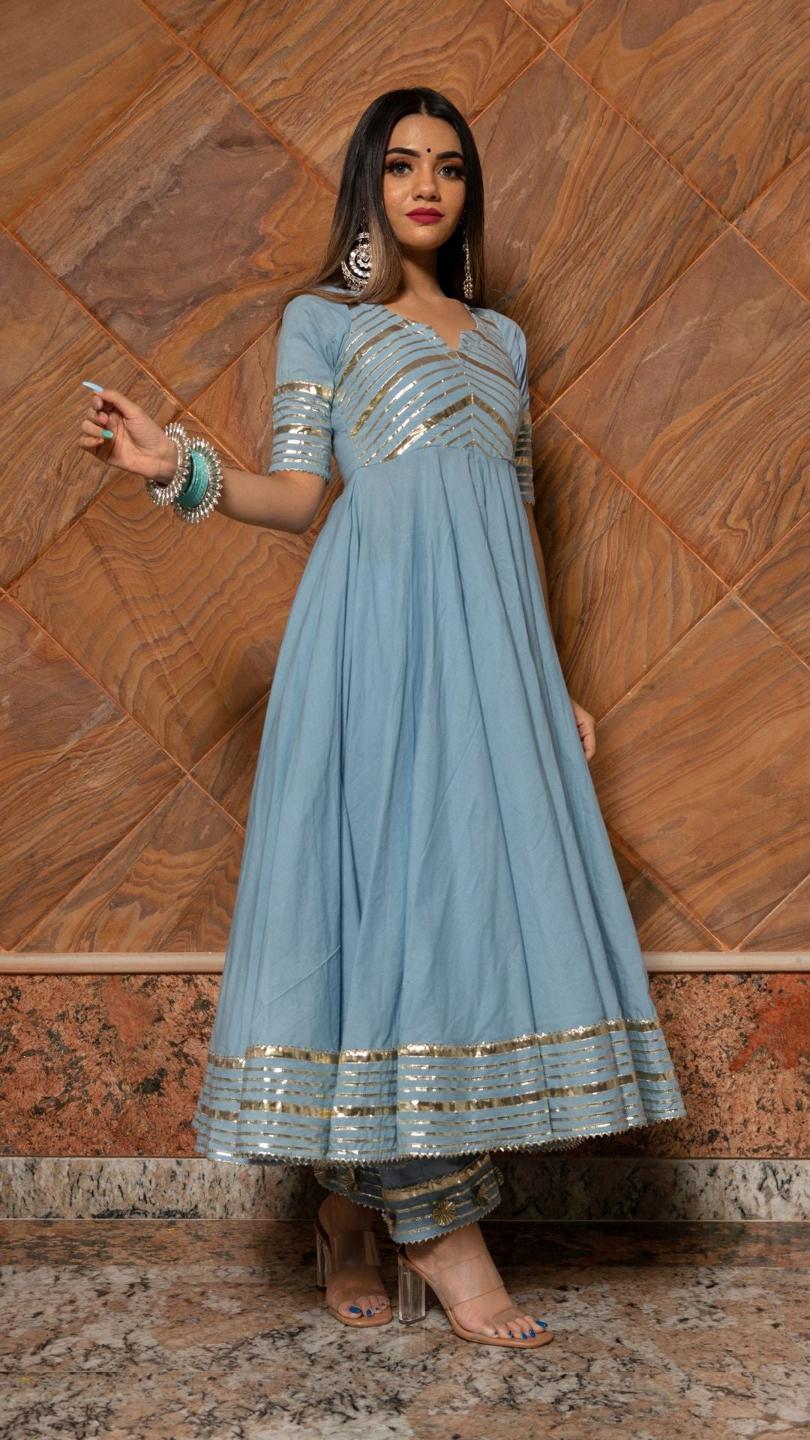 powder-blue-pure-cotton-anarkali-set-11403112BL, Women Indian Ethnic Clothing, Cotton Kurta Set Dupatta