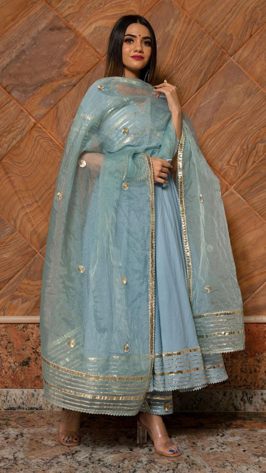 powder-blue-pure-cotton-anarkali-set-11403112BL, Women Indian Ethnic Clothing, Cotton Kurta Set Dupatta