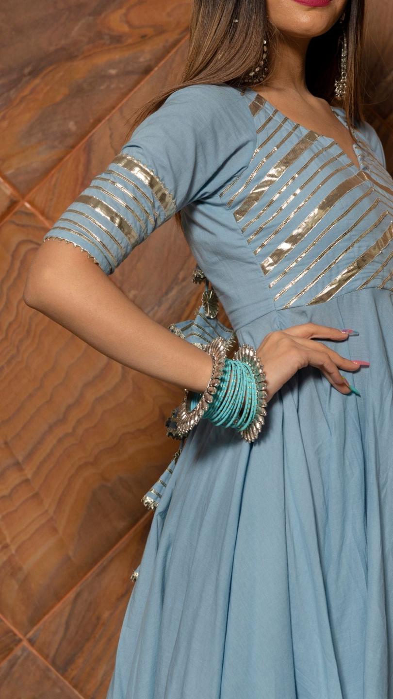 powder-blue-pure-cotton-anarkali-set-11403112BL, Women Indian Ethnic Clothing, Cotton Kurta Set Dupatta