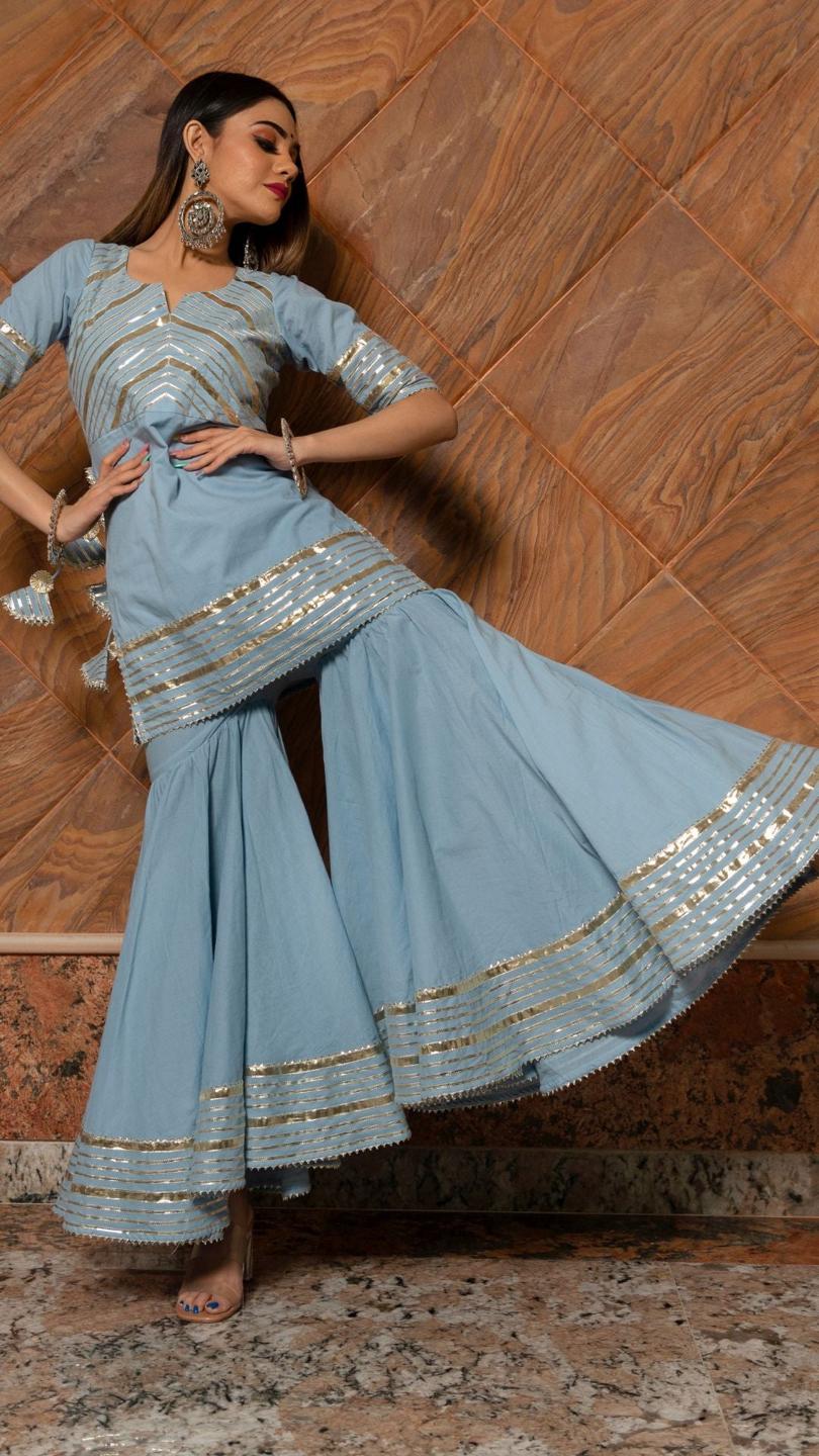 powder-blue-pure-cotton-sharara-set-11423111BL, Women Indian Ethnic Clothing, Cotton Lehenga Choli