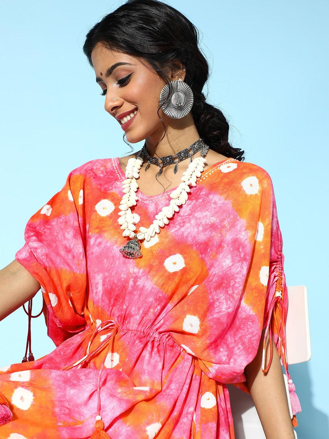 pretty-pink-tie-dye-caftan-kurta-10121198PK, Women Indian Ethnic Clothing, Rayon Kaftan