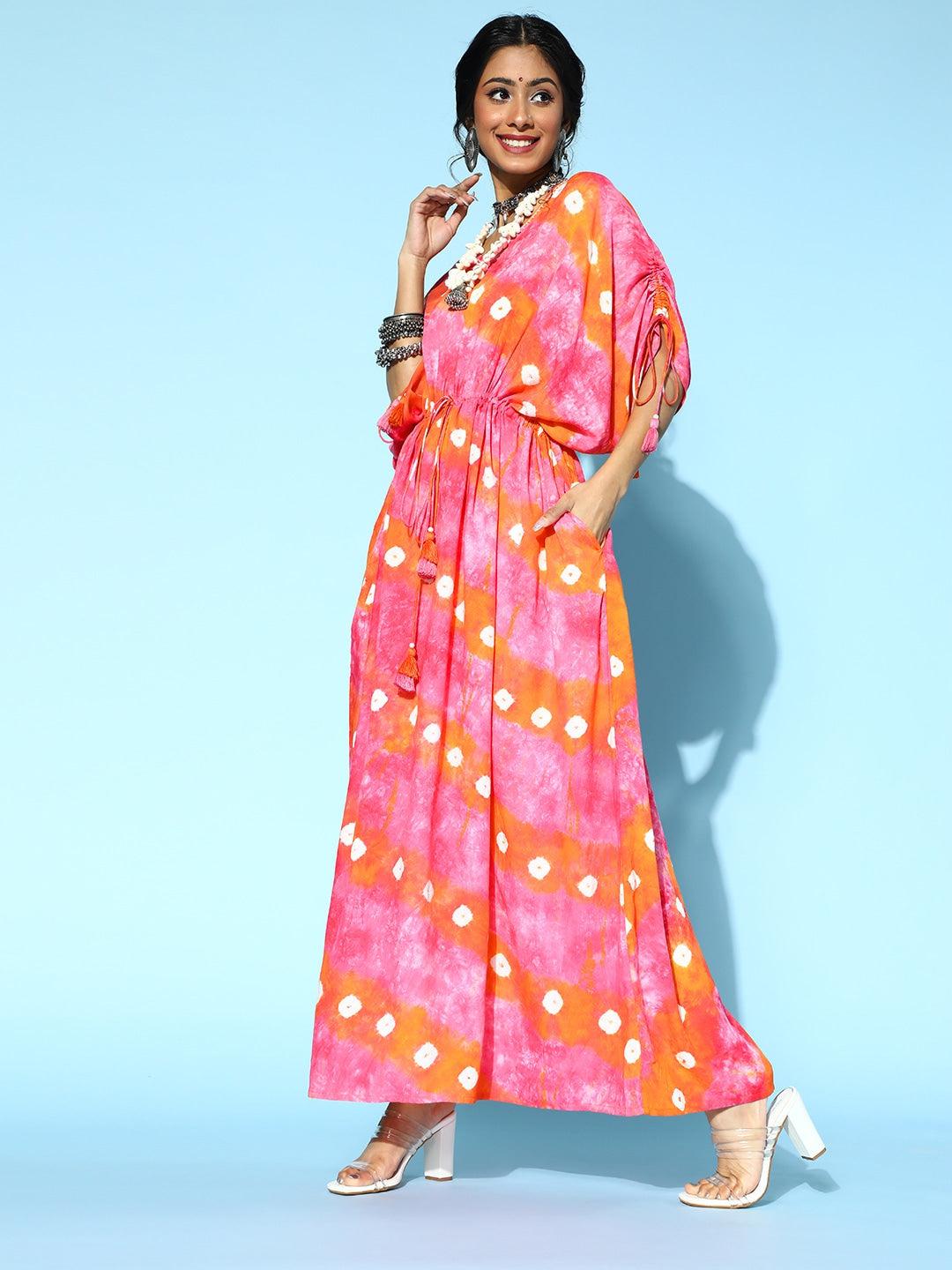 pretty-pink-tie-dye-caftan-kurta-10121198PK, Women Indian Ethnic Clothing, Rayon Kaftan