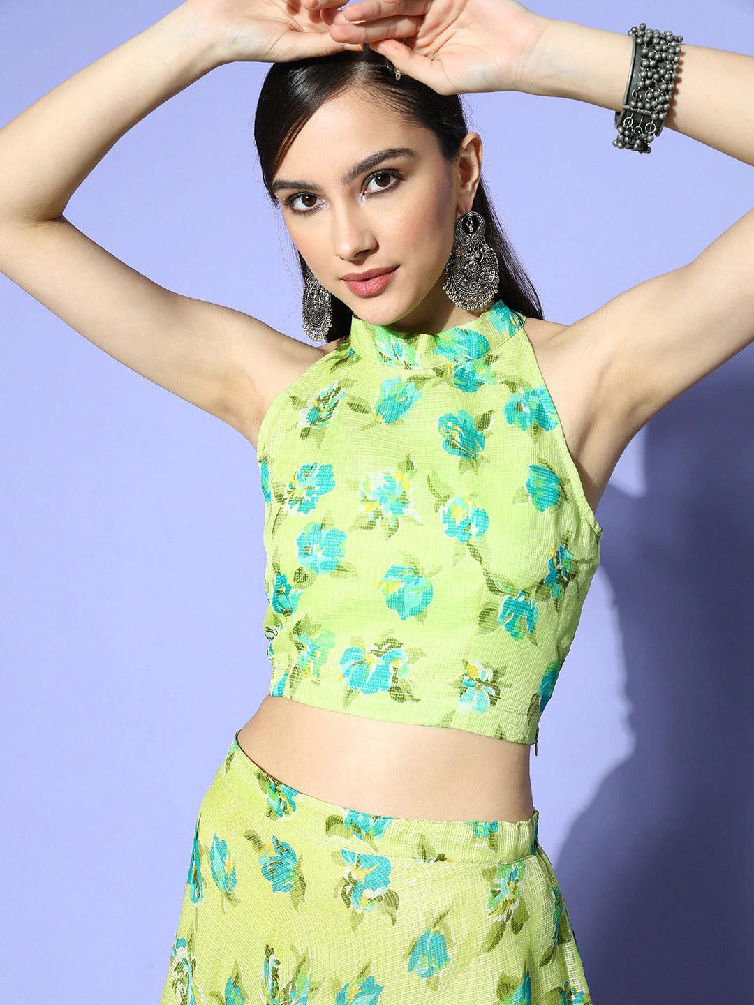 printed-crop-top-with-skirt-10140155GR, Women Indian Ethnic Clothing, Doria Co-Ords