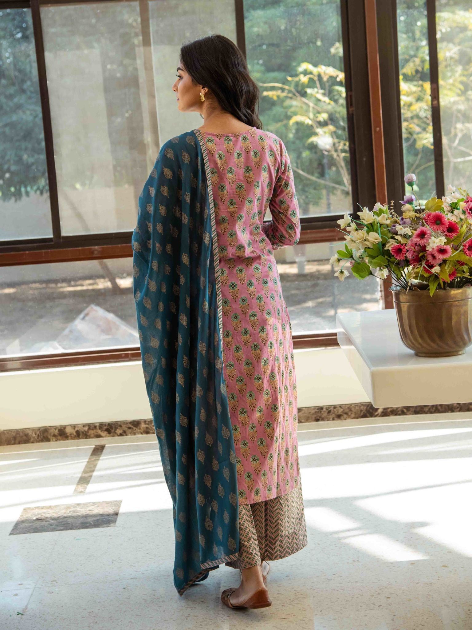 printed-kurta-palazzo-dupatta-set-10103003PK, Women Indian Ethnic Clothing, Cotton Kurta Set Dupatta