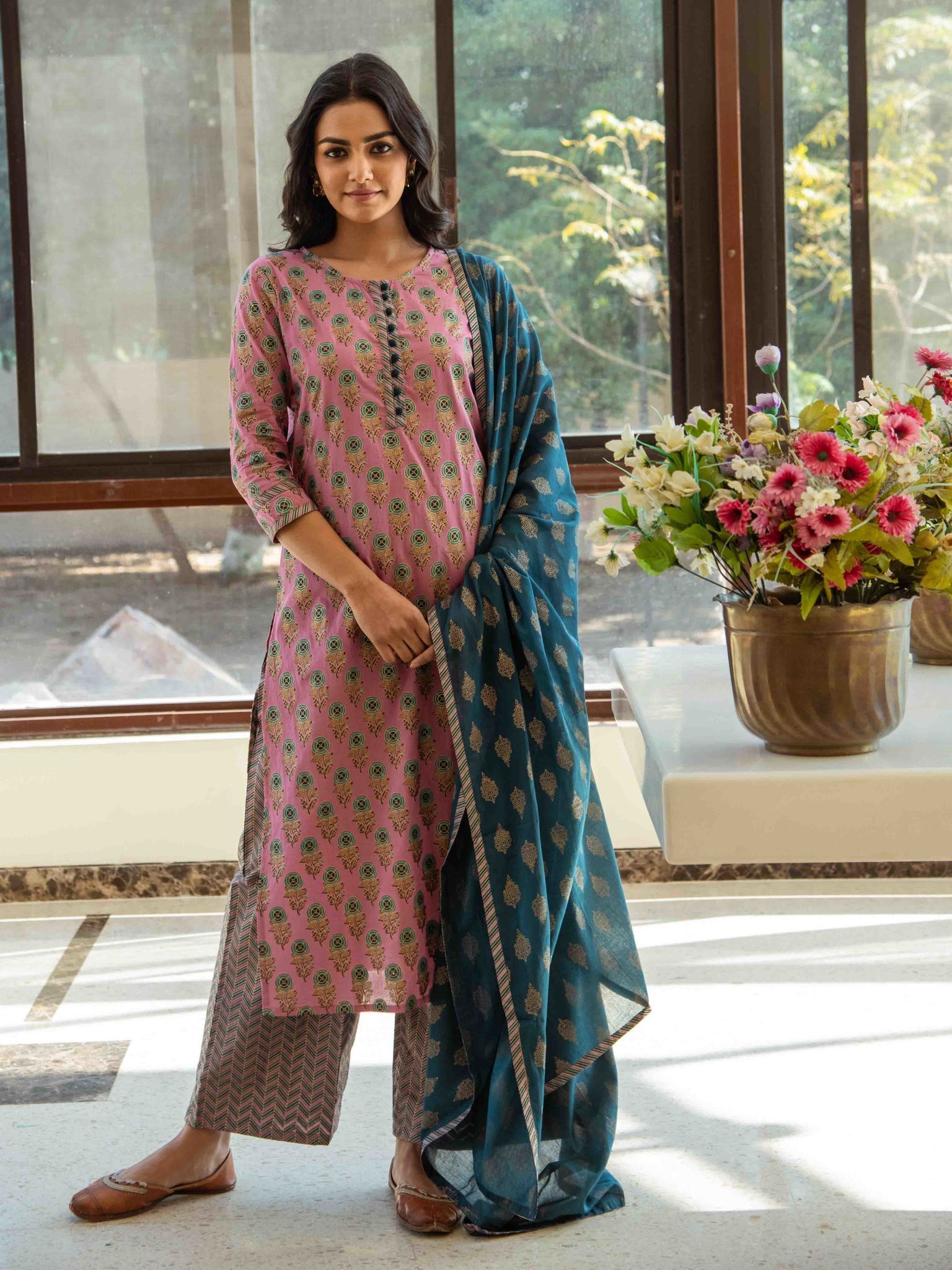 printed-kurta-palazzo-dupatta-set-10103003PK, Women Indian Ethnic Clothing, Cotton Kurta Set Dupatta