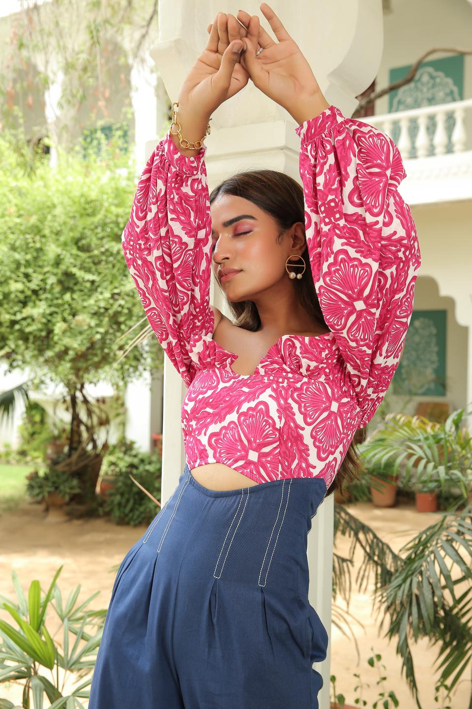 printed-pink-yarrow-ruffled-off-shoulder-denim-jumpsuit-11724019PK, Women Clothing, Cotton Jumpsuit