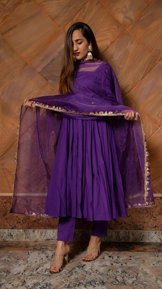 purple-pure-cotton-anarkali-set-11403122PR, Women Indian Ethnic Clothing, Cotton Kurta Set Dupatta