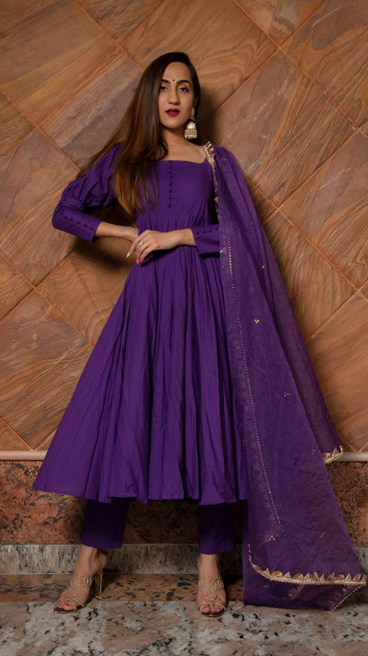 purple-pure-cotton-anarkali-set-11403122PR, Women Indian Ethnic Clothing, Cotton Kurta Set Dupatta