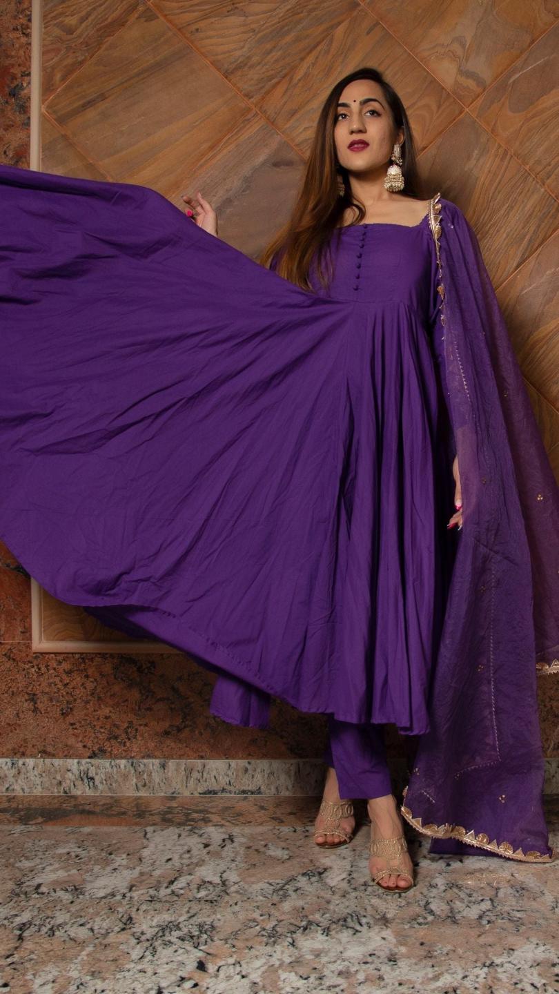 purple-pure-cotton-anarkali-set-11403122PR, Women Indian Ethnic Clothing, Cotton Kurta Set Dupatta