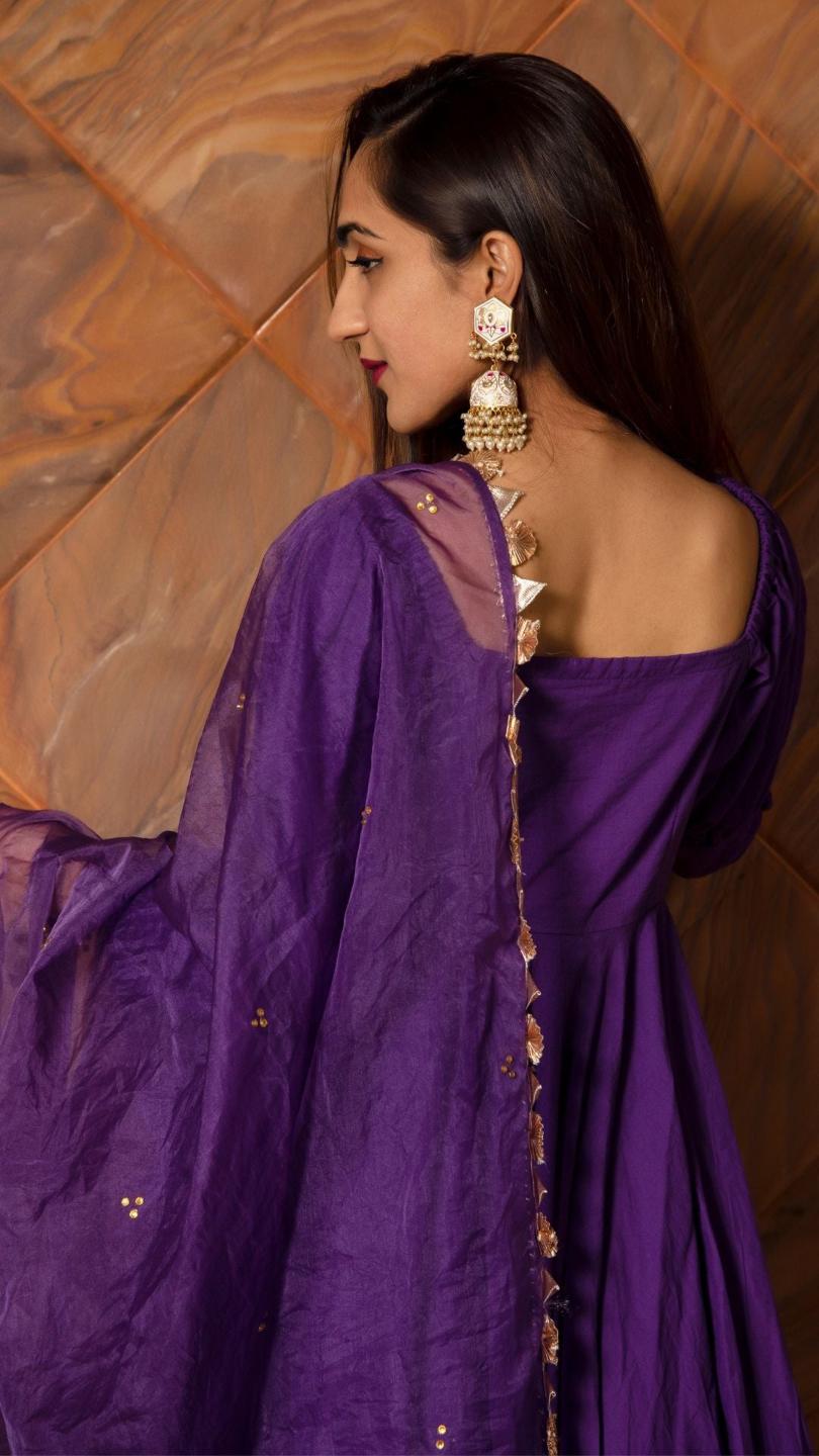 purple-pure-cotton-anarkali-set-11403122PR, Women Indian Ethnic Clothing, Cotton Kurta Set Dupatta