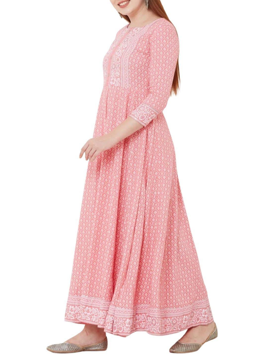 quatrefoil-floral-printed-maxi-10304005PK, Women Clothing, Cotton Dress