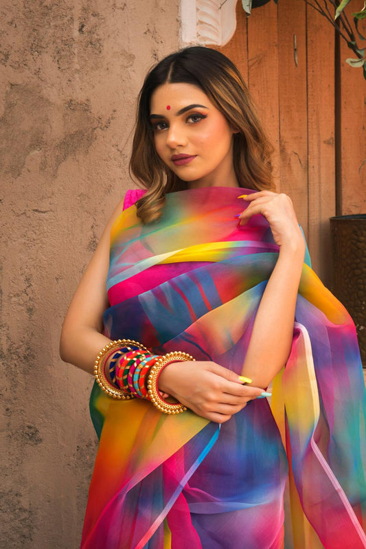 rainbow-organza-printed-saree-11422089ML, Women Indian Ethnic Clothing, Organza Saree