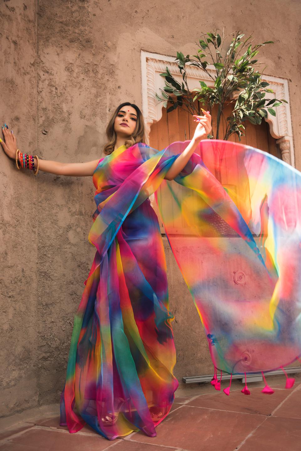 rainbow-organza-printed-saree-11422089ML, Women Indian Ethnic Clothing, Organza Saree