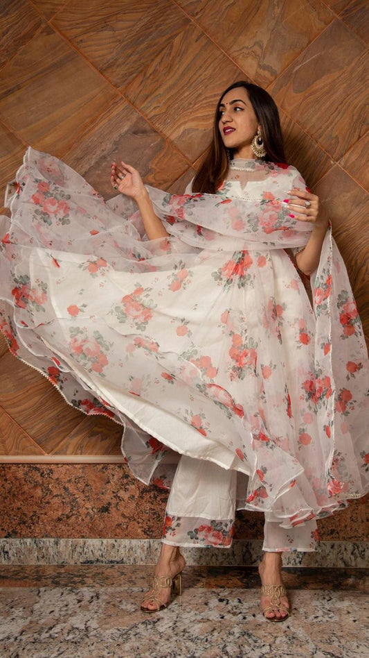 red-and-white-floral-organza-anarkali-set-11403121WH, Women Indian Ethnic Clothing, Cotton Kurta Set Dupatta