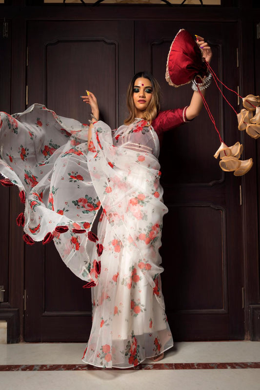 red-and-white-organza-saree-11422096WH, Women Indian Ethnic Clothing, Organza Saree