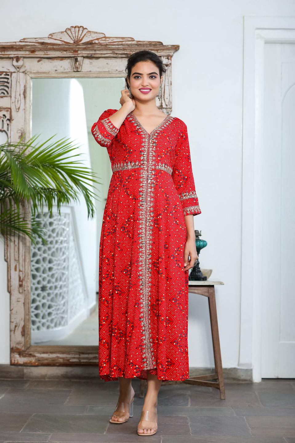 red-bandhani-embroidered-dress-10104036RD, Women Clothing, Rayon Dress