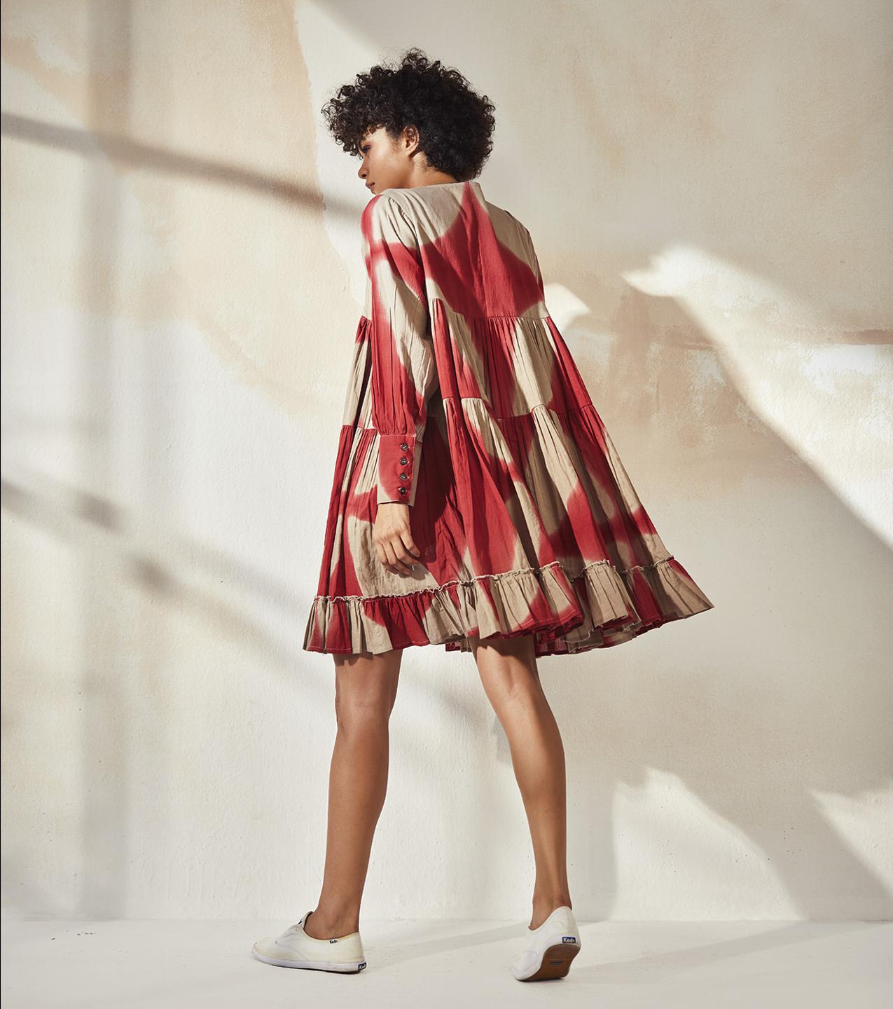 red-beige-clamp-dyed-mulmul-short-dress-11904070RD, Women Clothing, Mulmul Dress